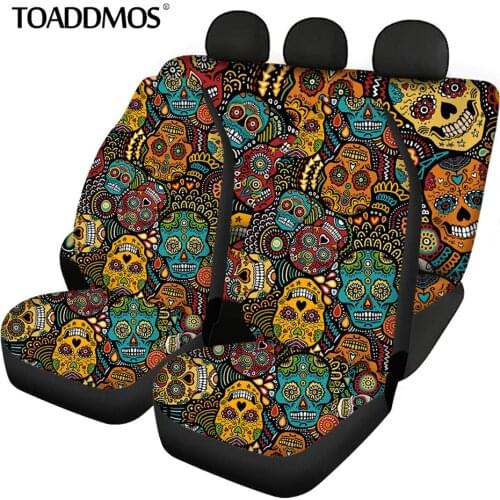 TOADDMOS Front and Rear Car Seat Covers Sugar Skull Pattern Gothic Style 4pcs/Set Air Cushion Universal Car Interior Seat Covers