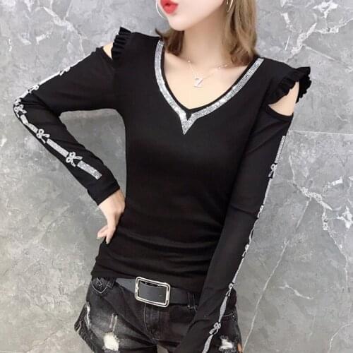 New 2021 Autumn Long Sleeve Womens T-Shirt Fashion Casual V-Neck Diamond Mesh Lace Tops Plus Size 3XL Blusas