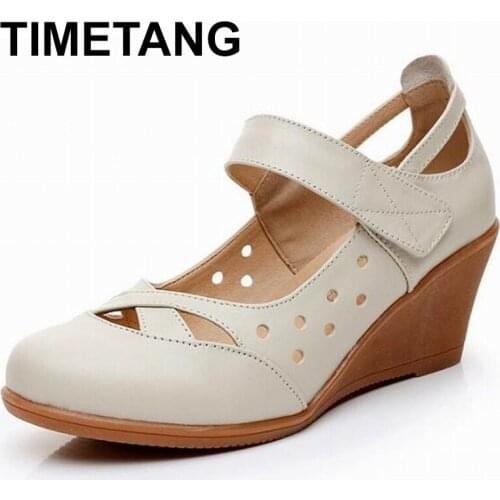 TIMETANG 2018 Genuine Leather Women Sandals Shoes Woman Summer Wedge Sandals Women Color Black Sandals Mother Shoes