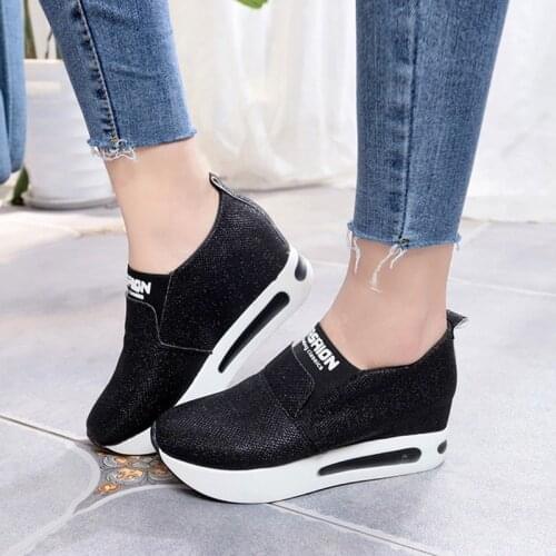 Rimocy New Spring Women Flat Platform Casual Shoes Black Gold Bling Chunky Sneakers Woman Lightweight Slip on Walking Shoes