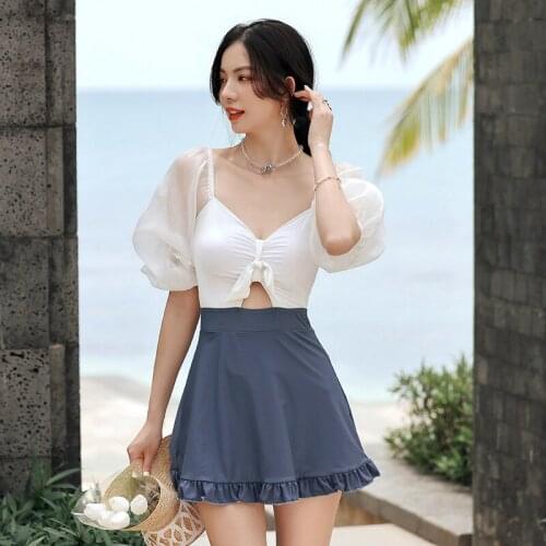 Women One Piece Swimsuit Bikini Set Swimwear Korean Ladies 2021 1 Summer Bust Skirt Slim Cover Retro Fat Plus Size Print