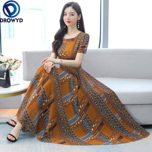 2020 Summer Beach Maxi Dress New Arrival High Quality Elegant Round Collar Flower Printed Short Sleeve Women Chiffon Long Dress