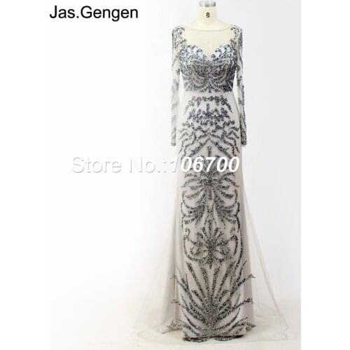 2018 Illusion long Sleeve Mermaid Evening Dresses Hand Crystal Beading Elegant Prom Gowns 933