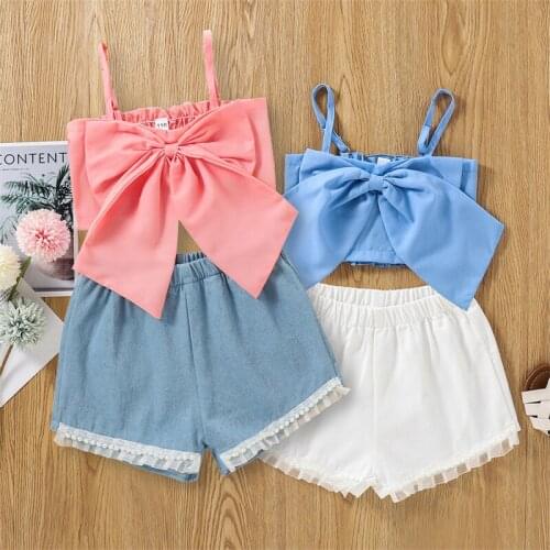 2021 New Girl’s Summer Solid Color Sleeveless Bow Suspender Tops and Pearl Short Pants Fashion Two Piece Set for 2-7 Years