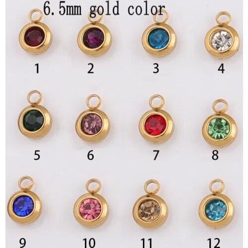 12piece/lot Gold Color Colorful Crystal Birthstone Charms Stainless Steel Round Rhinestones Charms 6.5mm