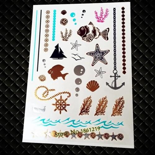 25 Style Hot Gold Metallic Sea Fish Anchor Tattoo Waterproof Fake Starfish Rudder Tatoo Body Art Flash Temporary Tattoo Stickers