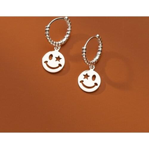 Authentic Real 100% 925 Sterling Silver Smile Coin Beads Circle ear-bone Hoop Huggie Earrings C-G9707