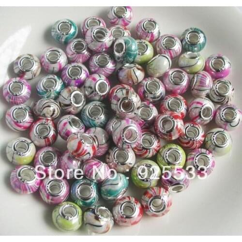 Free Shipping 100pcs 13mm dia. silver plated Core Big Hole Acrylic colorful Beads for Eurpean Bracelet jewelry DIY