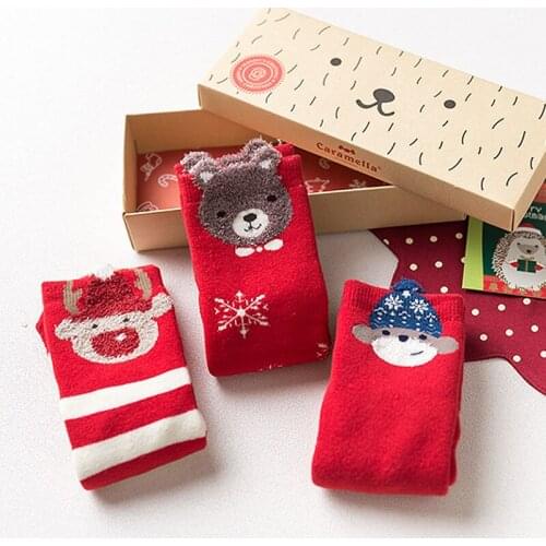 Caramella 3Pairs Cartoon Animal Cotton Kids Socks Winter Thick Terry Santa Claus Baby Girl Boy Short Socks Funny Happy Hosiery