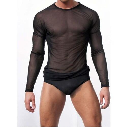 Black White Sexy Sheer Mesh Tops Transparent Long Sleeves Men T-shirts Fitness Breathable Male Clothes O-neck Undershirts