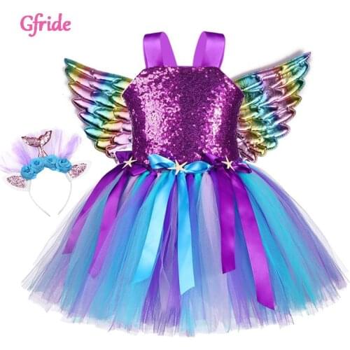 Kids Cosplay Mermaid Costume For Girls Dance Carnival Theme Party Dresses Children Princess Purple Tutu Dress With Headband Sets