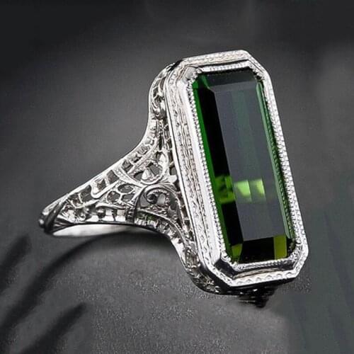 Filigree Hollow Carved Square Green Stone Ring Vintage Geometric Green Zircon Solitaire Ring Metal Bright Silver Color Jewelry