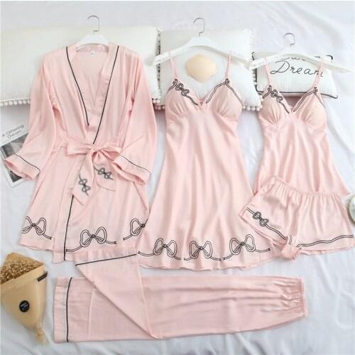 5PCS Robe Set Silky Satin Nightwear Nightgown Casual Women Nightdress Kimono Bathrobe Gown Sexy Sleepwear Home Clothes Homewear