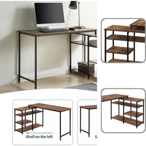 Brown Useful Industrial Style L-Shaped Office Computer Table Space Saving Office Table Solid Household Supply
