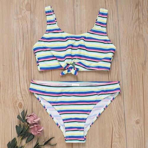 7-14 Years Girl Swimsuit Kids Swimwear Striped Teenage Girl Bikini Set Tie Knot Girls Bathing Suit Two Piece Childrens Swimwear