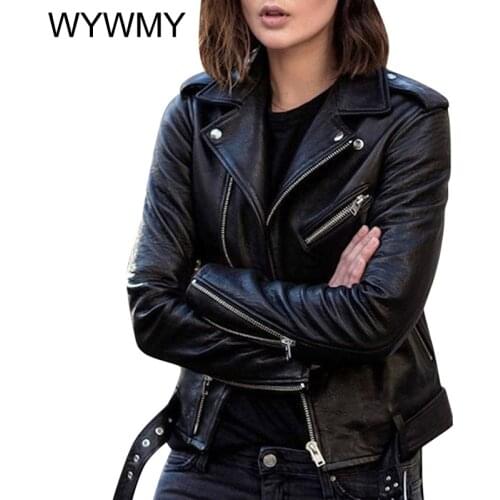 WYWMY PU Faux Leather Jacket Women Loose Sashes Casual Biker Jackets Female Tops BF Style Pu Leather Black Coat Jacket for Women