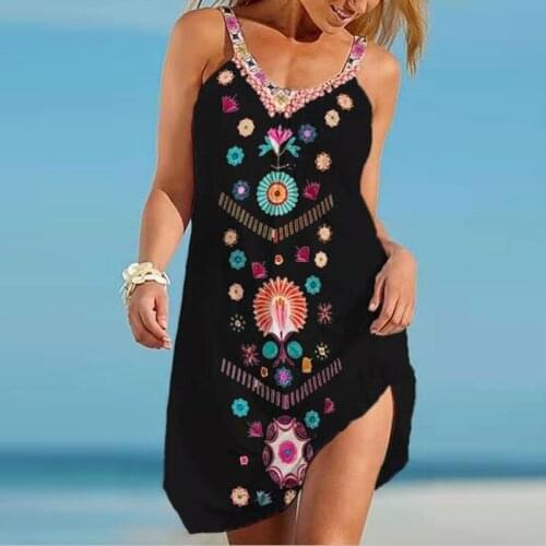Summer Fashion Women Sleeveless Dress Beach Party Flower Print Sundress Women Casual Dresses Plus Size