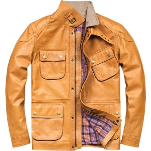 Genuine Cowhide Jacket Mens Oil Wax Retro Top Layer Cowhide Pure Brown Motorcycle Leather Jacket Men