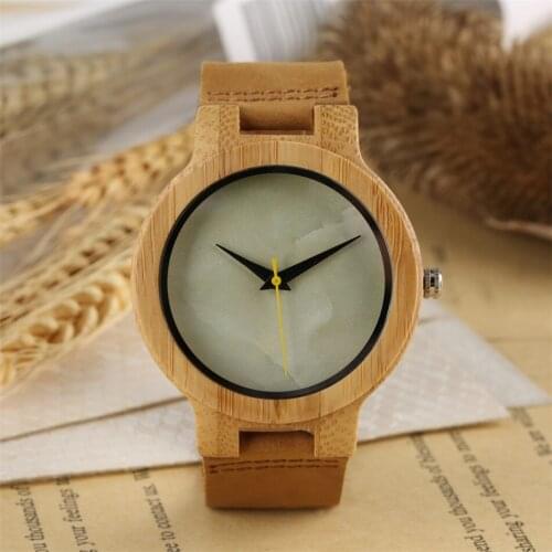 Green Marble Round Dial Bamboo Wood Men Watch Unique Yellow Seconds Display Casual Mens Quartz Wristwatch Genuine Leather Strap
