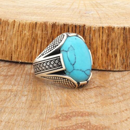 Solid 925 Sterling Silver Turkish Oval Turquoise Stone Knitting Design Mens Ring