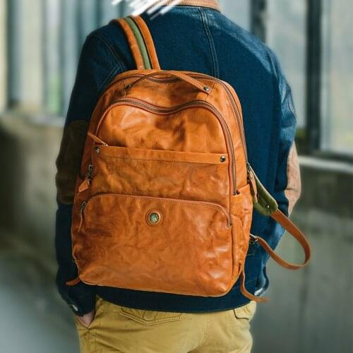Genuine Leather Backpack Mens Laptop Backpack Travel Backpack Large-capacity Imported Water-dyed Vegetable-tanned Cowhide Men