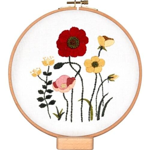 DIY Stamped Embroidery Kit European Style Flowers Plants pattern with Embroidery Hoop Floss Threads Needles for Beginners