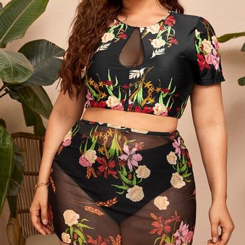 2022 New 3PCS Large Size 6XL 8XL Retro Black Women Swimwear Short Sleeve Bikini Mesh Swimsuit Plus Size Beachwear