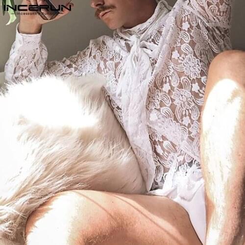 2021 Tops New Men Long-sleeved Shirt European And American Style Handsome See-through Lace Flower Printing Blouse S-5XL INCERUN