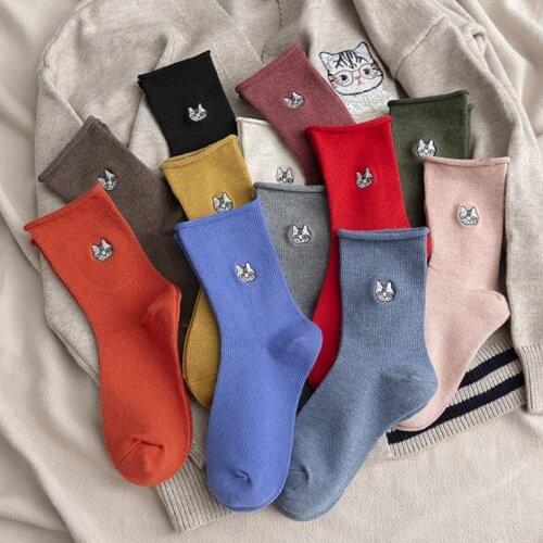 Autumn New Embroidered Socks Funny Animal Cartoon Cat Cute Fun Kawaii Woman Roll Edge Loose-necked Socks For Woman Hot Sell