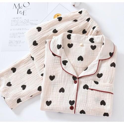 New Sweet Cute Love Print Pajamas Women 100%Cotton Homewear Long Sleeve Shirt + Pants Sleepwear Female Loose Nightwear Home Suit