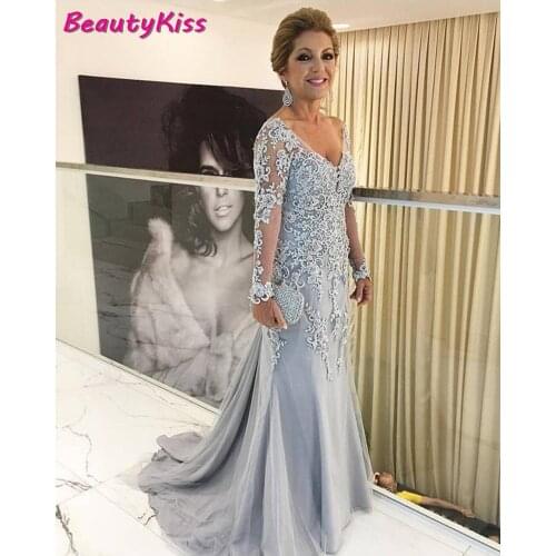 Silver V-neck Mother Of The Bride Dresses Mermaid Long Sleeves Appliques Beaded Satin Groom Mother Formal Dresses For Wedding