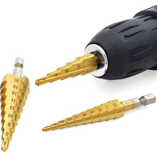 Toofit 1pc HSS Steel Titanium Step Drill Bits Step Cone Cutting Tools Steel Woodworking Wood Metal Drilling 3-12 4-12/20/32mm