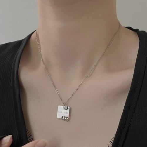 VSnow Stylish Square Geometric Letter Circle Pendant Necklace for Women Statement Rhinestone Stainless Steel Necklace Jewellery