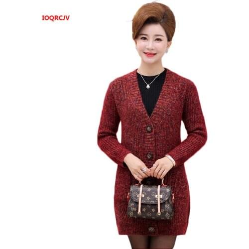 Knitted Cardigan Sweater Coats 2019 Winter Middle-aged Women Cashmere Sweater Outwear Coat Female Long Knitwear Cardigans W1079