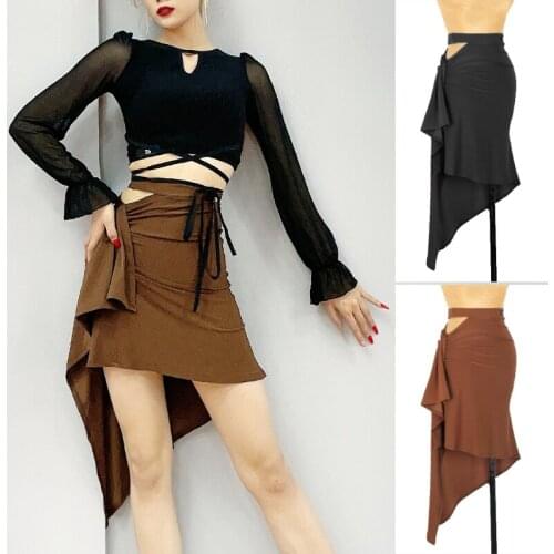 Women Latin Dance Clothes Brown/Black Skirt Hollow Out Adult Samba Salsa Latin Dance Practice Wear Sexy Irregular Skirt DNV14434
