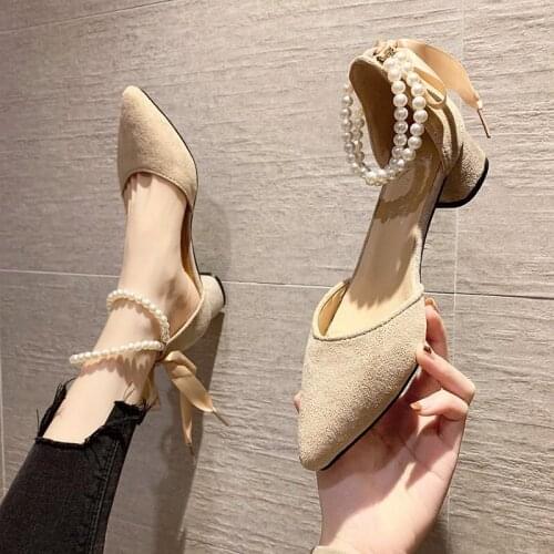 2021 Summer Spring Women Sandals String Bead Ankle Strap Dress Shoes Pointed Toe Med Heel Ladies Shoes Pearl Zapatos mujer 8927G