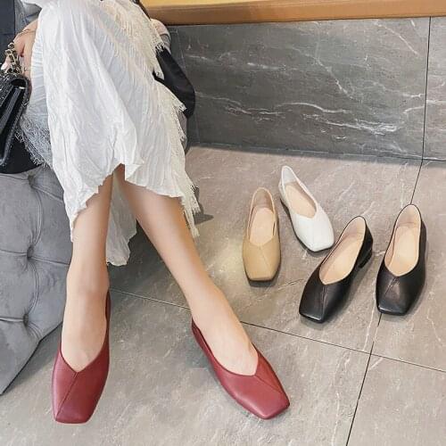 Womens Shoes Korean Style Ladies Flats Mary Janes Square Toe Genuine Leather Shallow Loafers Zapatos De Mujer