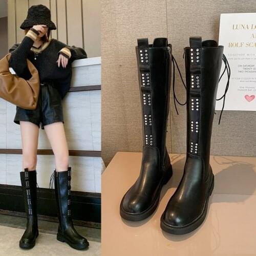 Studs knee-high boots women lace-up&zipper fashion solid motorcycle knight bottes long tube botas slim pu leather woman shoes