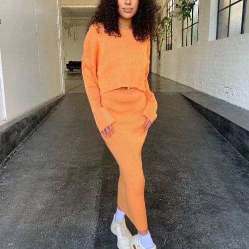 Women Knitted Ribbing Two Piece Set Sexy Long Sleeve Crop Tops And Slim High Waist Skirt Suits Fashion Female Solid Tracksuits