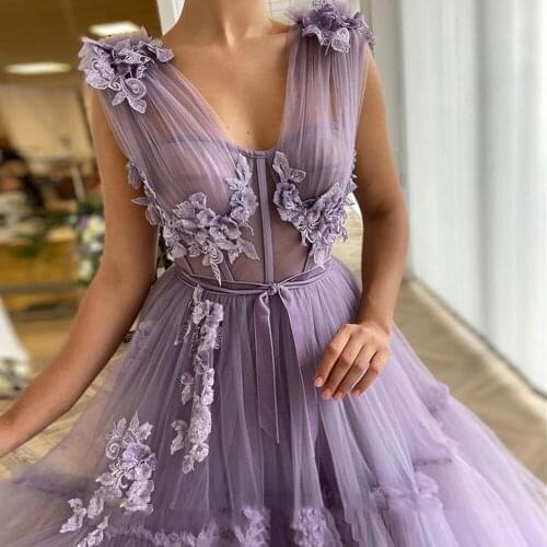 Elegant Tiered Tulle Prom Dresses Long Luxury 2021 Purple A-Line 3D Flowers Floor Length Evening Gowns For Women Plus Size