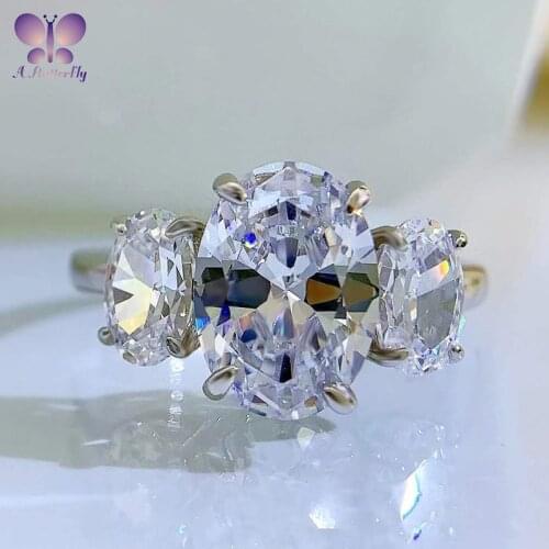 100% 925 Sterling Silver 3 Stone Oval Cut SONA Simulation Diamond Female Senior Wedding Ring