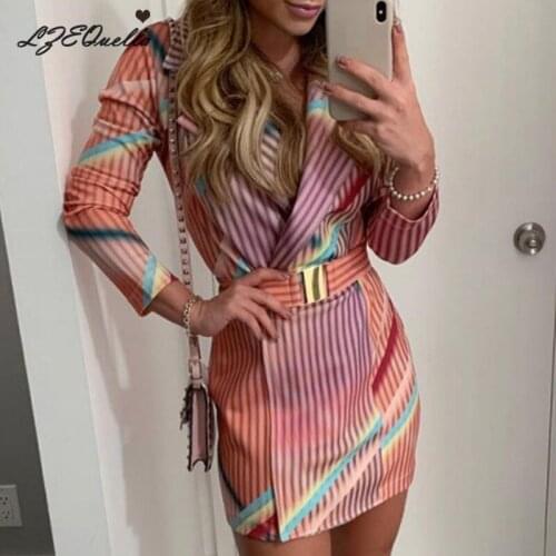 LZEQuella Long Sleeve Shirt Mini Dress 2021 Spring Office Lady Dresses Women Casual Striped Print A-line Belt Vestidos
