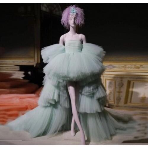 Mint Green High Low Ruffles Tulle Long Women Dresses To Birthday Prom Off The Shoulder Prom Gowns Mesh Robe