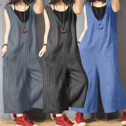 2021 Summer Female Jumpsuit Womens Elegant Striped Cotton One-piece Wide Leg Pants Plus Size Casual Fashion Woman Dungarees