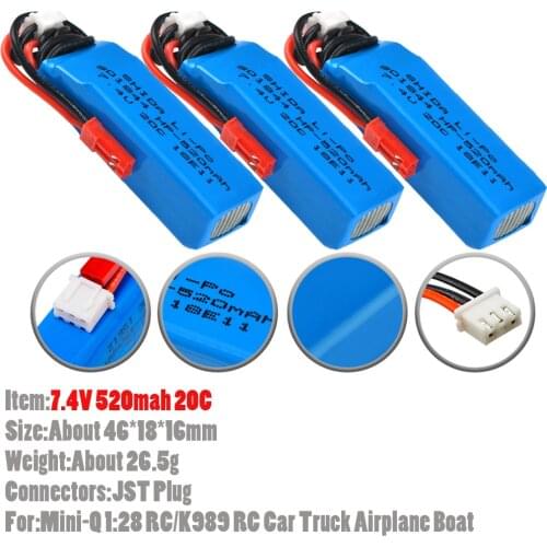 3Pcs/lot 7.4V 520mah 20C Lipo Battery With JST Plug Connectors (Customizable) For Mini-Q 1:28 RC/K989 RC Car Truck Airplane Boat