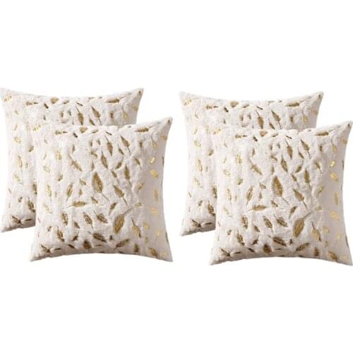 4Pcs Throw Pillow Covers Plush Faux Fur With Gold Feathers Cushion Covers Fuzzy Pillowcase For Couch Sofa Bed, 18 Inch
