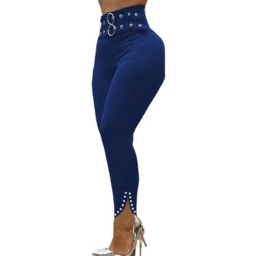 Plus Size Women Pants Trousers Solid Color Hip Lift Stretchy Rivet Slit Hem Belt Skinny Trousers Leggings Work Sports Sweatpants