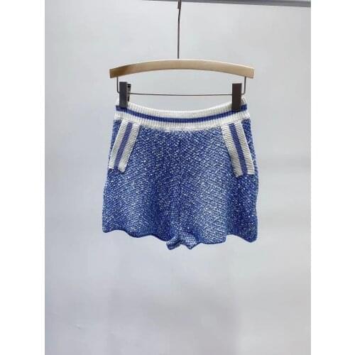 Color Patchwork Women Knitted Shorts Elastic Waist Ladies Casual Flash Yarn Short Pants 2021