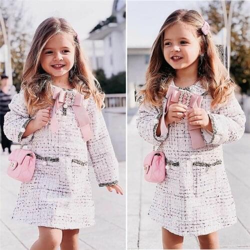 Elegant Fashion Baby Girl Kid Dress 1-6Y Pearl Plaid Print Bow Coat Dress Party Long Sleeve Autumn Clothes Outerwear Dress