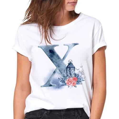 T-shirt Ladies Fashion 26 Alphabet Summer Flowers X Print Women Tshirts Harajuku Casual Female Tees Casual White tshirt femme